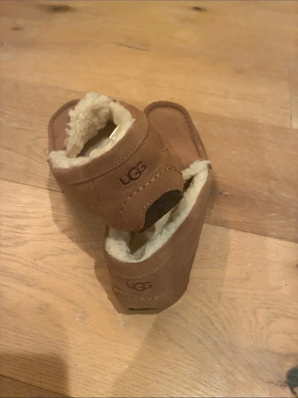 UGG Chestnut Suede Moccasin Slippers with Cream Shearling